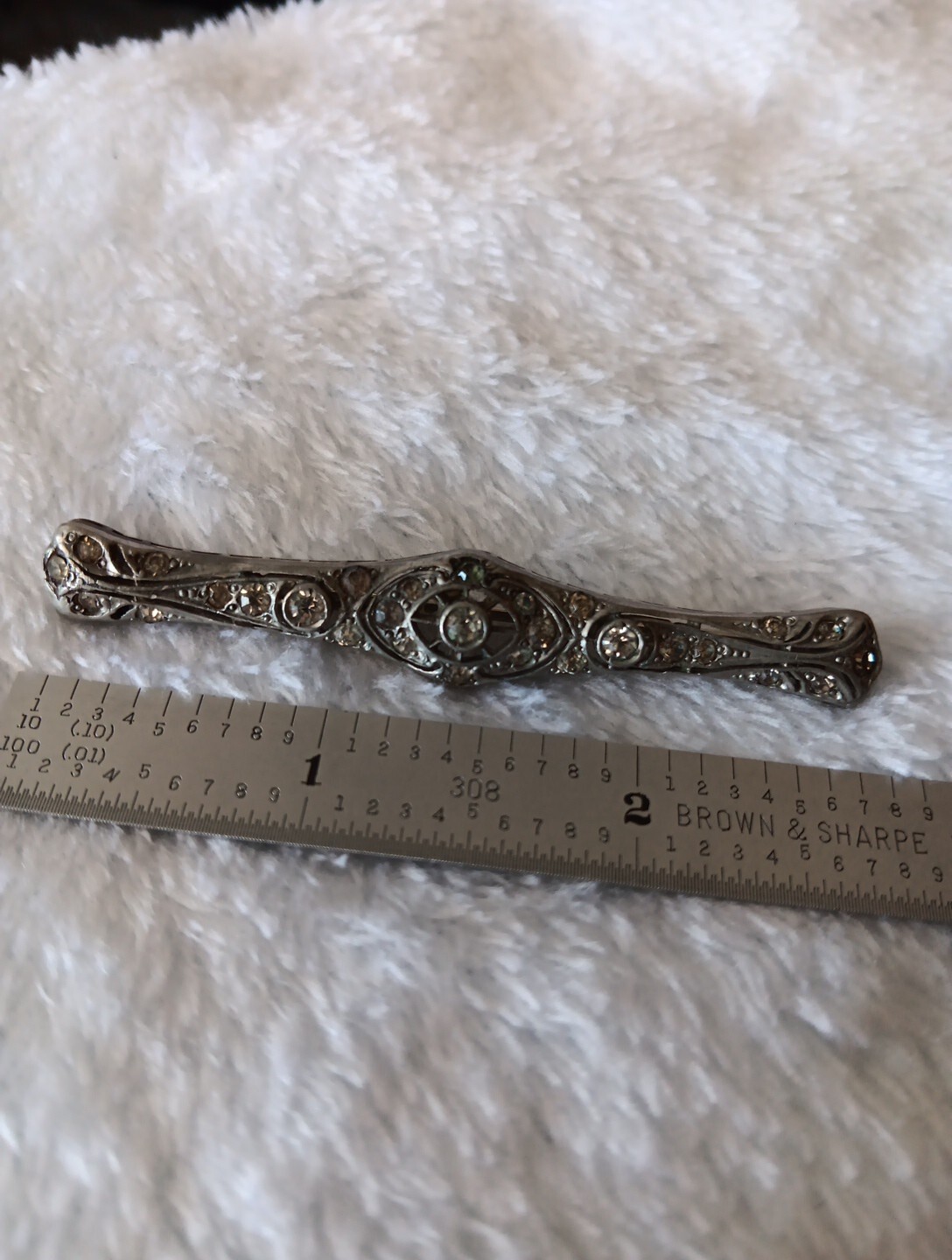 Antique Vintage Fishson Silverite Art Deco Rhinestone Bar Pin Brooch Signed