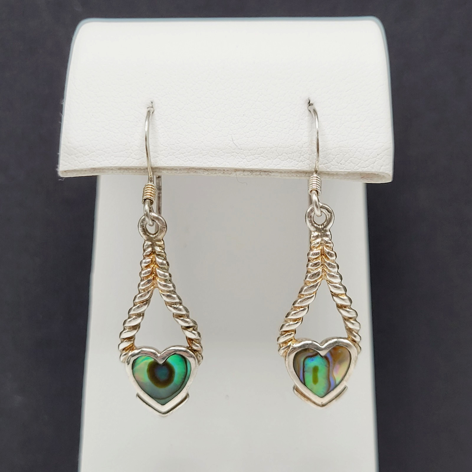 Heart Twisted Open Metal Paua Shell Inlay Sterling 925 MC Hook Pierced Earrings