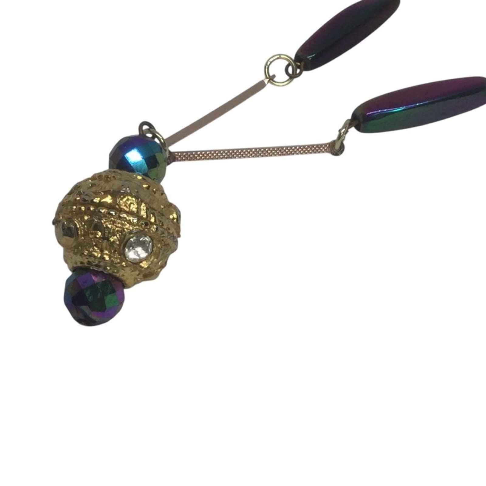 Vintage Pendant Necklace Peacock Glass Beads Gold Tone Bar Link Chain
