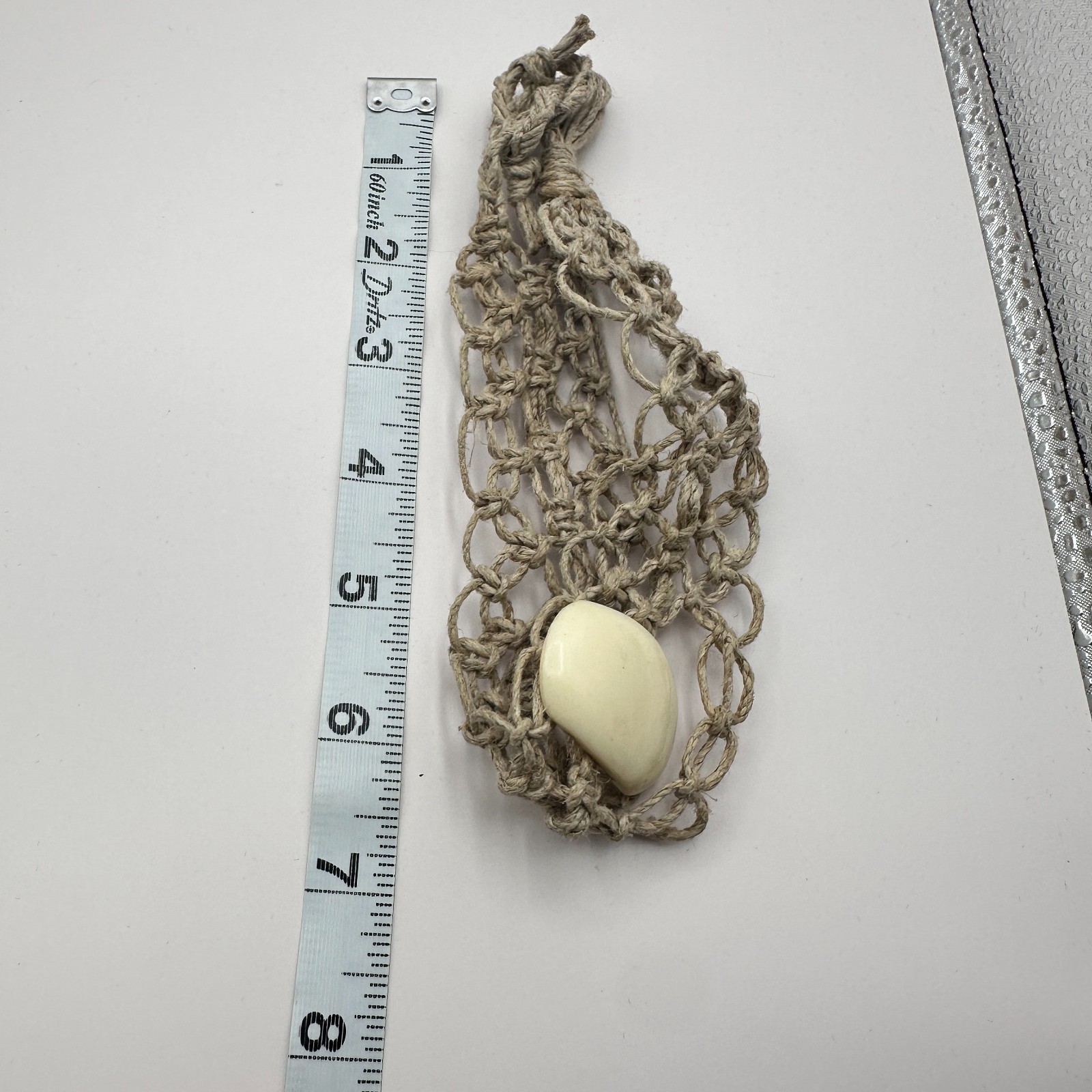Vintage Y2K Cream Tagua Nut Stone Macrame Hemp Woven Choker Necklace Jewelry 90s
