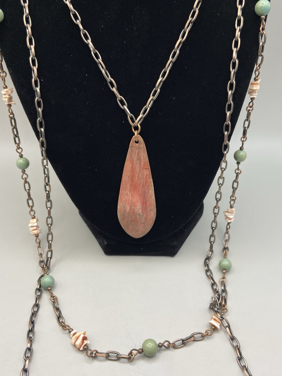 Vintage Three Chain Beaded Shell Necklace Acrylic Copper Tone Estate