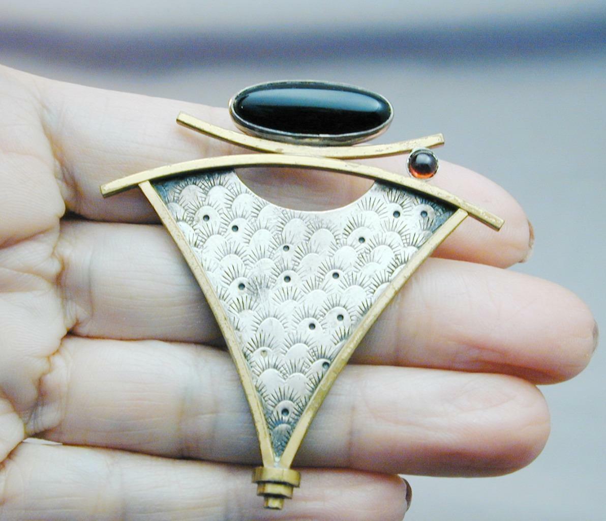 Modernist Sterling Mixed Metal Garnet Cabochon Onyx Pin Pendant Deborah CLOSE