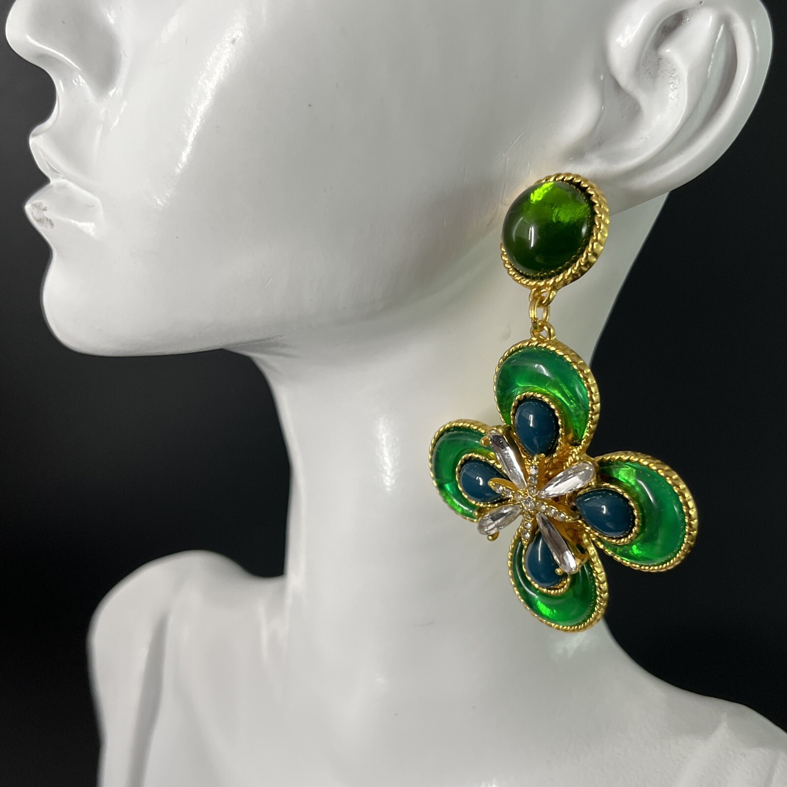 Gripoix Style Maltese Cross Earrings Green Glass Cabochon Gold Pierced Dangle
