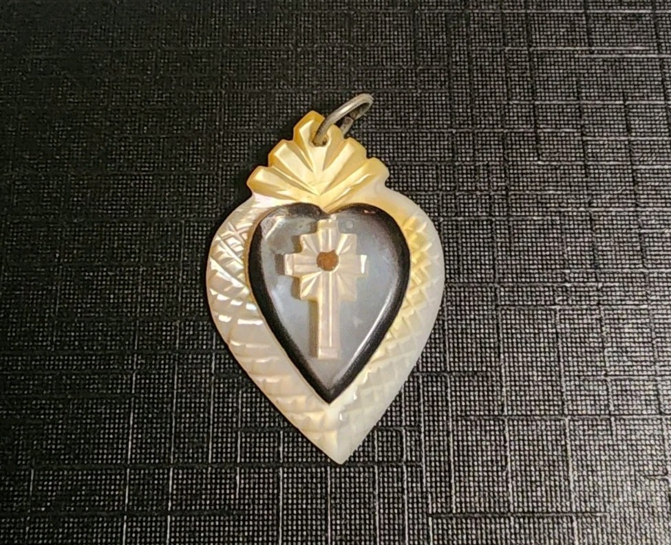 Beautiful Sacred Heart Cross Pendant Hand Carved MOP Victorian Pendant
