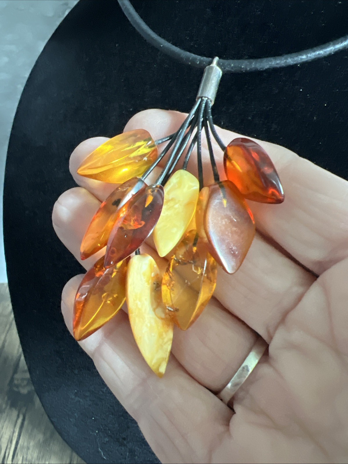 Vintage Amber Black Leather Cord Necklace Sterling Silver Clasp 16 Inch