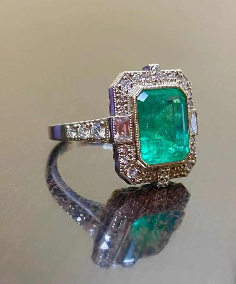 Vintage Art Deco Colombian Emerald Lab Diamond Engagement 14K White Gold FN Ring