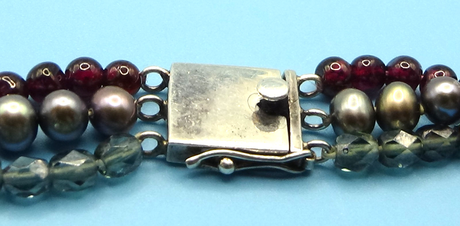 925 Sterling Silver Triple Strand Bracelet, Amethyst, Crystal & Peacock Pearl