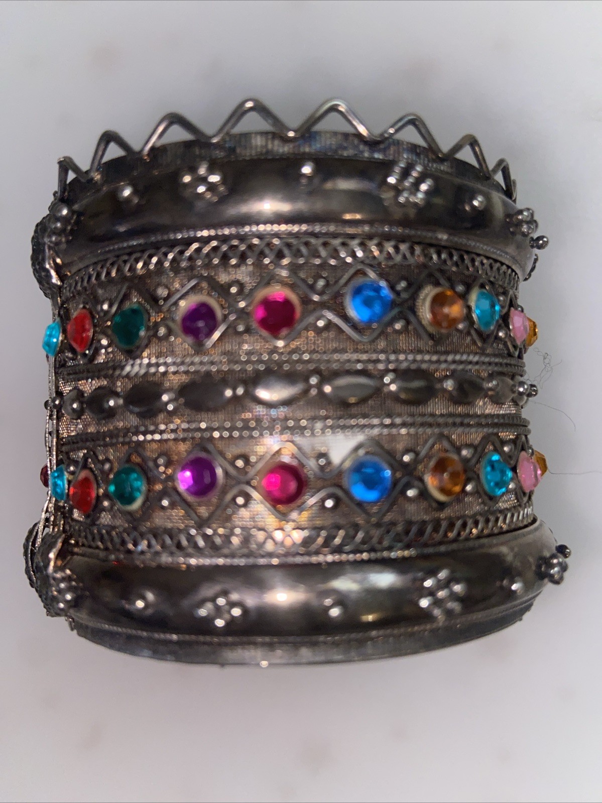 Moroccan 2” Wide Ornate Silver Tone Faux Stones Hinged Belly Dance BRACELET