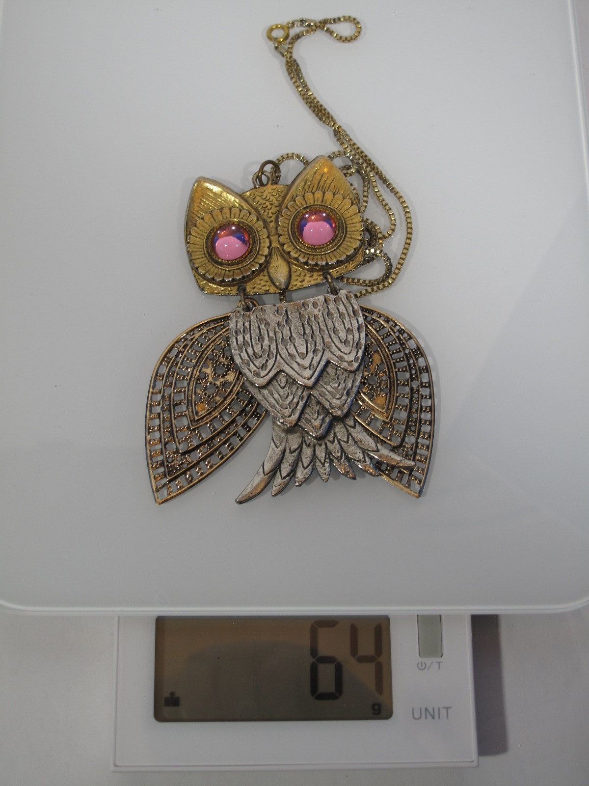 Lot of 2 VTG Owl Necklace Gold~Silver Tone~Pink~Amber Eyes~24″-30″ Chain-64-108g