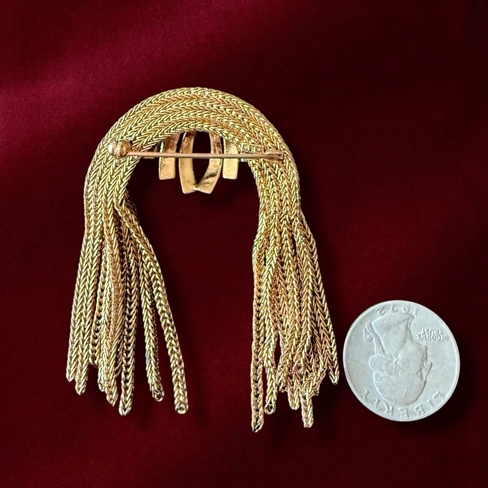 Tassel Brooch Gold Tone Rhinestone Mid Century Vintage Pin Fringe Waterfall