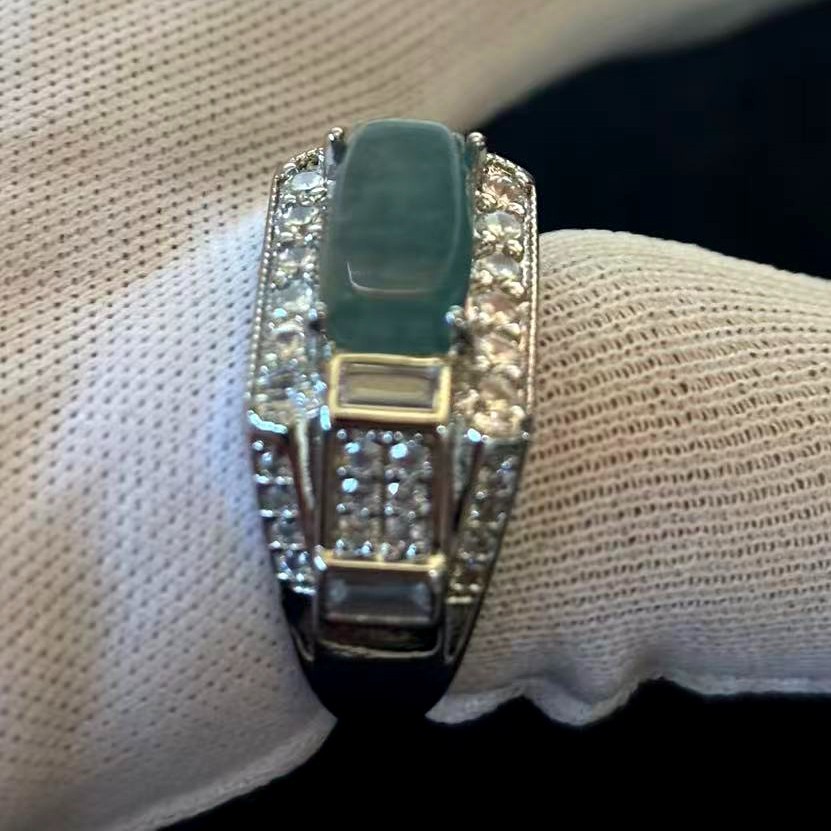 VTG Natural Translucent Green Jade Jadeite Ring Silver-tone, Size 7.5 adjustable