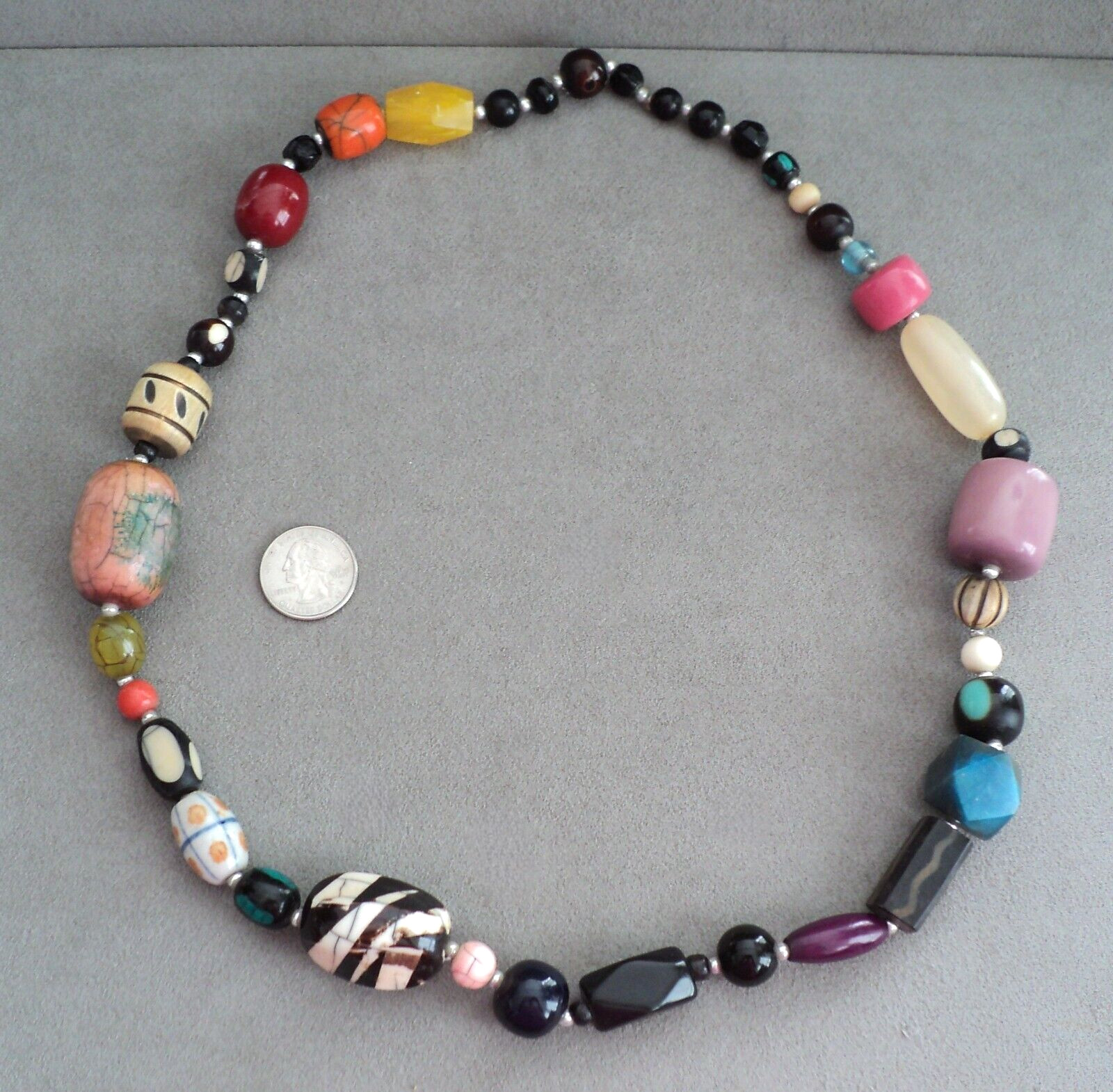 1980s Big BEAD NECKLACE Assorted Shapes COLORS Materials 26″ – HORN Wood ACRYLIC