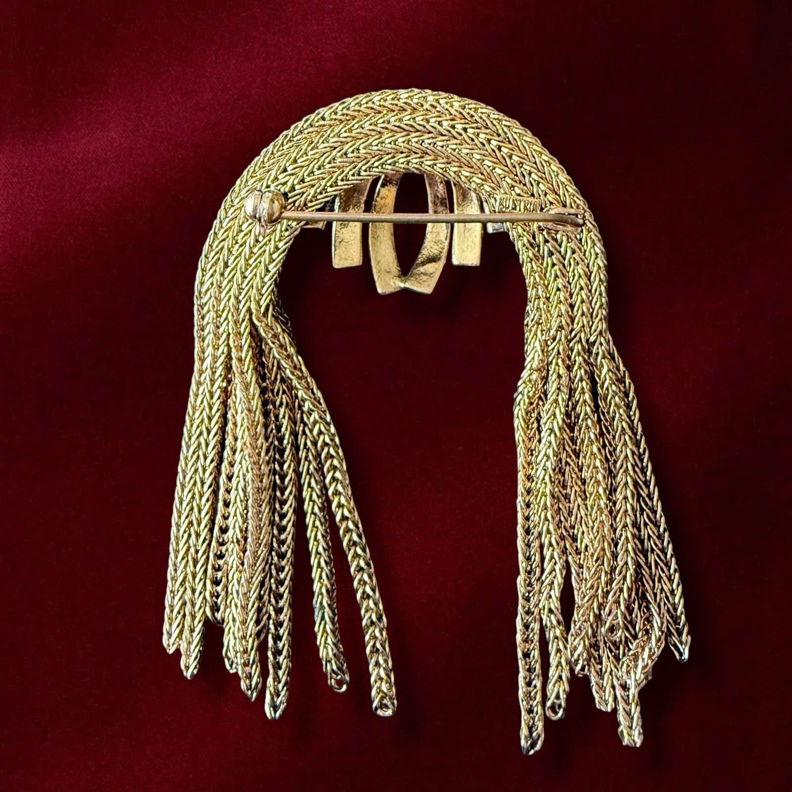 Tassel Brooch Gold Tone Rhinestone Mid Century Vintage Pin Fringe Waterfall
