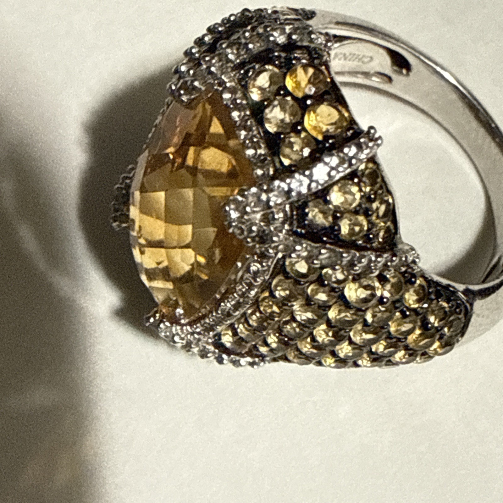 Fabulous 925 Silver Ring Size 7 Ring Beautiful faceted Citrine Stone w/ CZ 7.5g