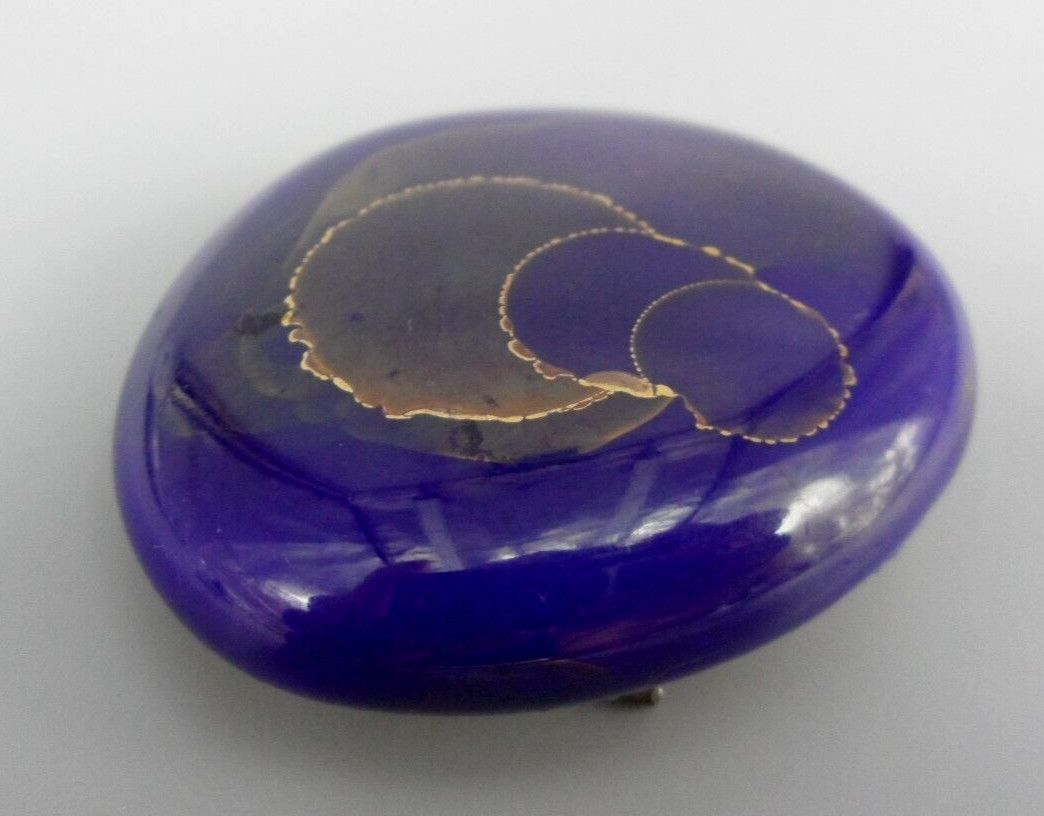 1980s Vintage Abstract Ceramic Brooch Artisan Blue Violet Gold 80s Glamour 1.5″