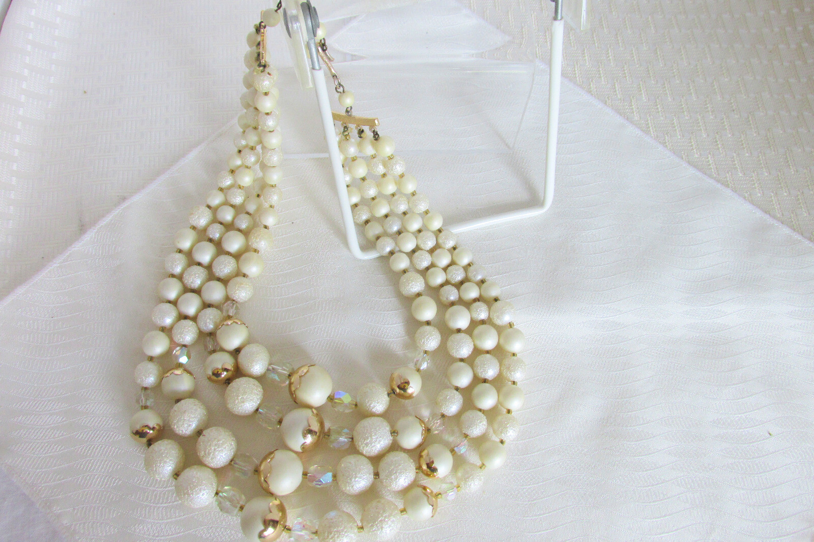 Cream AB Crystal Beads Bib Choker Necklace Textured Satin Vintage Retro JAPAN
