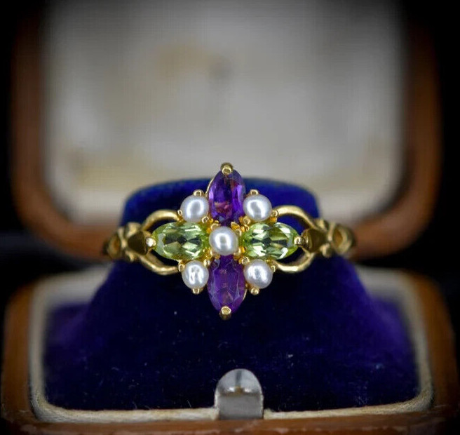 Suffragette Cluster Ring Natural Peridot Amethyst Pearl 14k Yellow Gold Finish