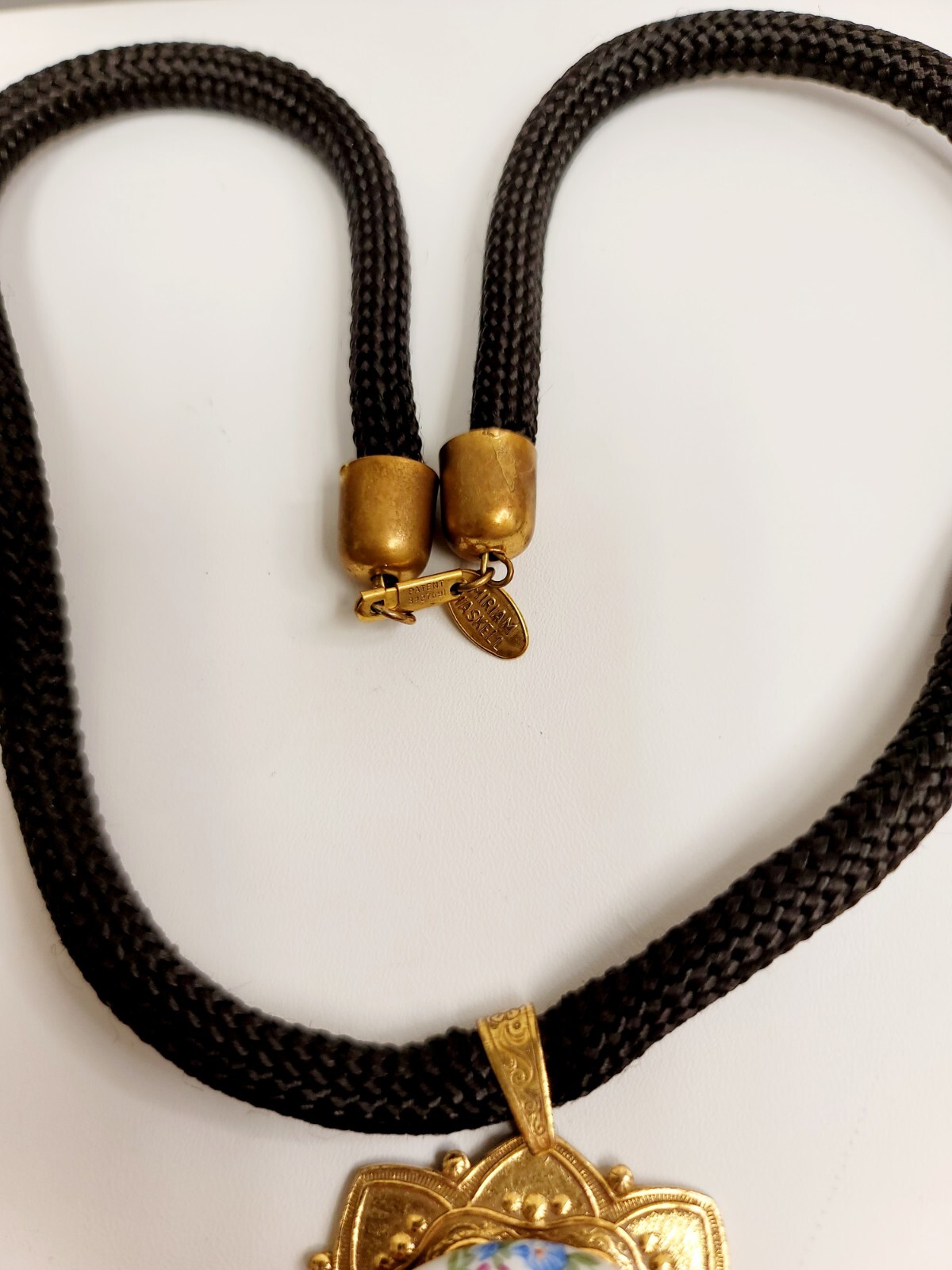 Vintage Miriam Haskell Necklace Large Floral Pendant On Black Cord With Tassel