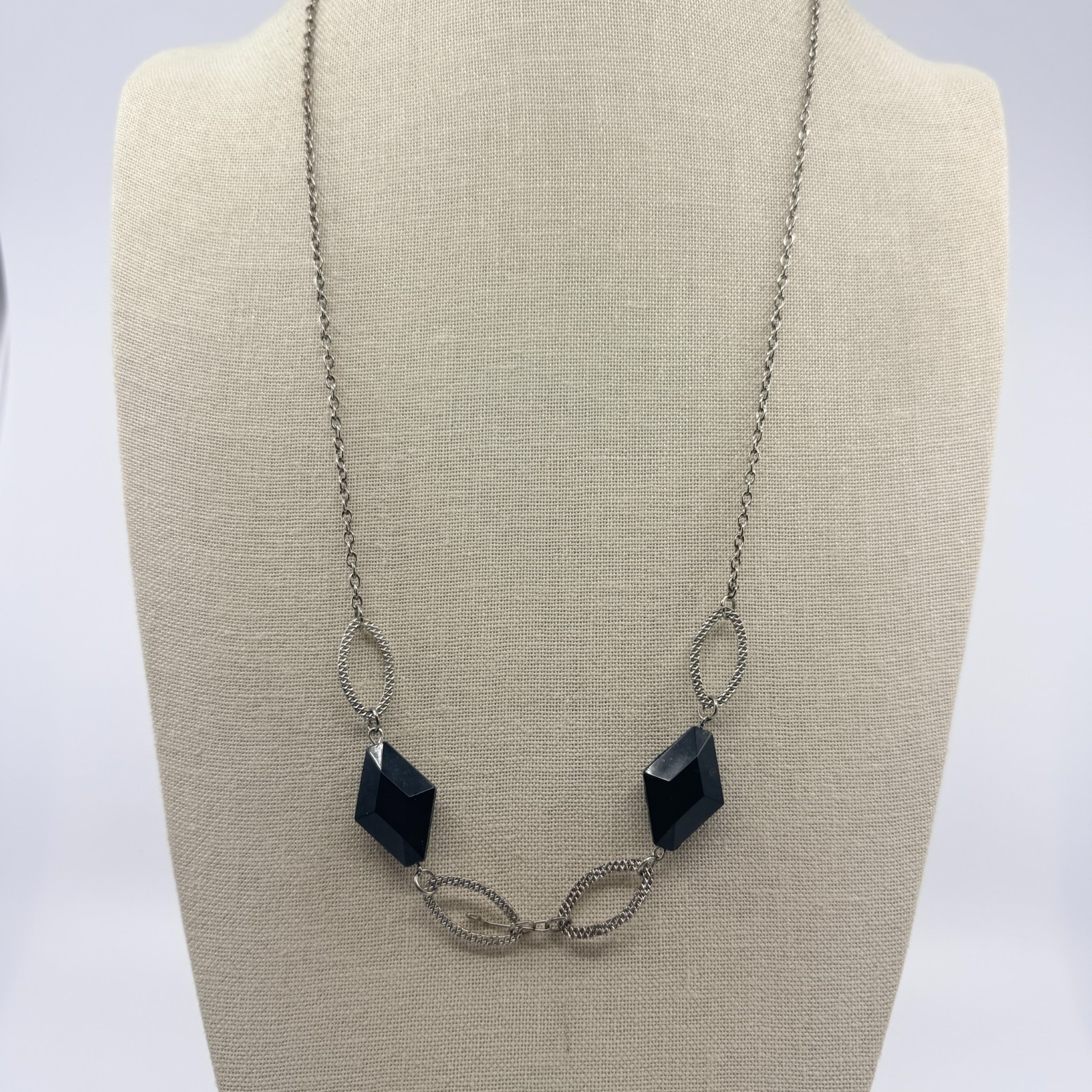 Vintage Silver Tone Black Geometric Lozenge Bead Necklace Textured Link Retro