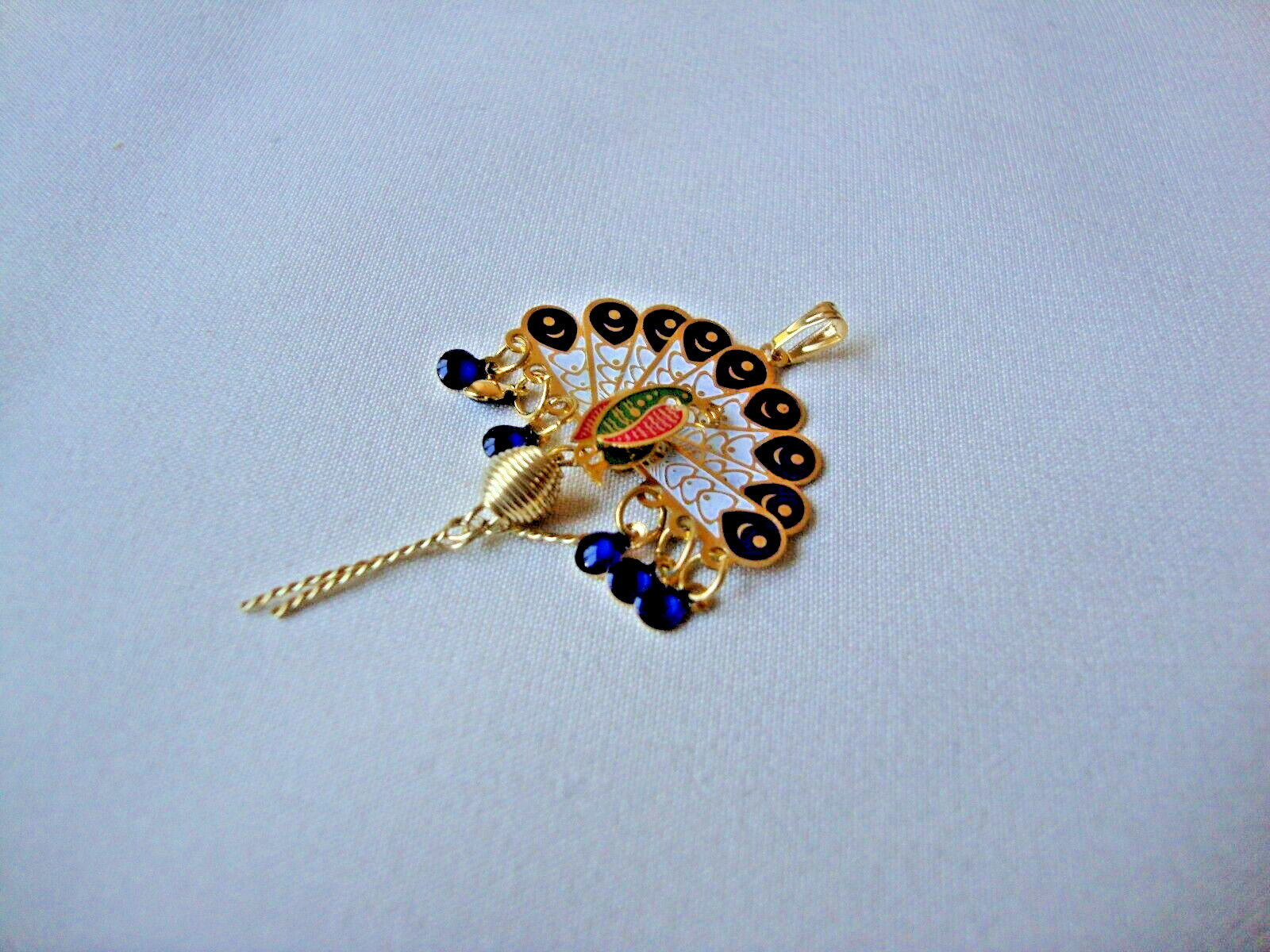 Vintage Folding Peacock Fan Green Red Blue & White Enamel Gold Filled Pendant