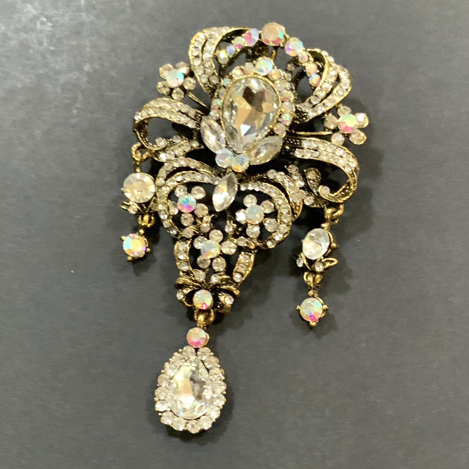 Vintage Rhinestone Brooch Pin or Pendent Dangle Antique Gold Tone 4 in Long
