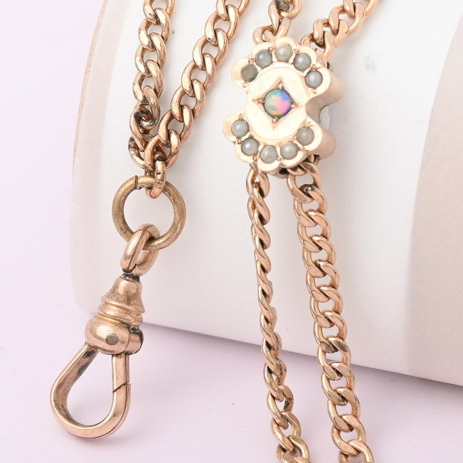 Antique Victorian Starburst Opal Gold Filled Slide Charm Curb Chain Necklace