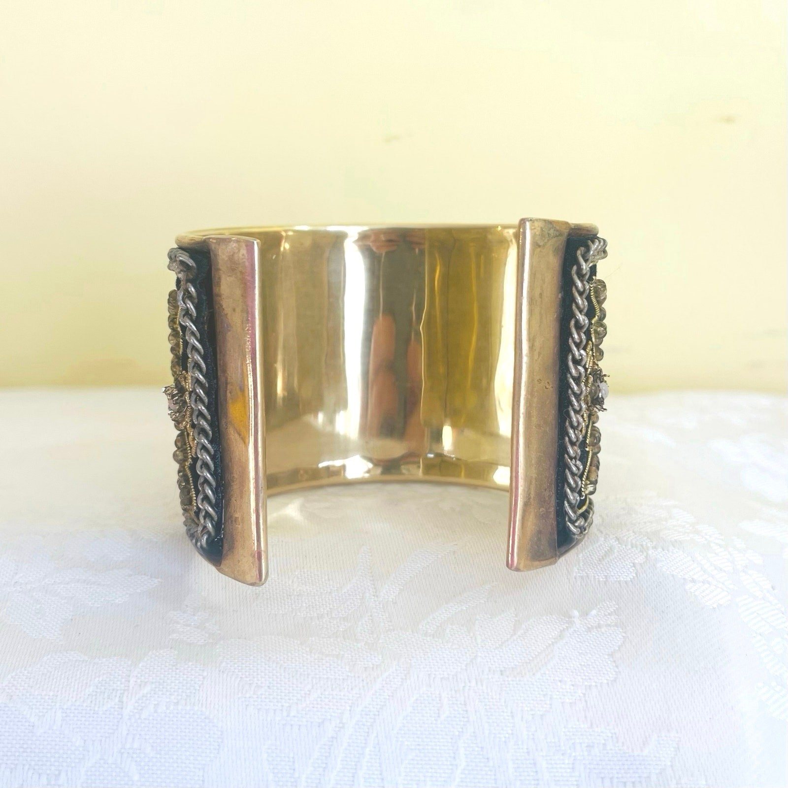 Vtg Artisan Wide Cuff Bracelet Bullion Embroidered Zardozi Style Seed Bead Brass