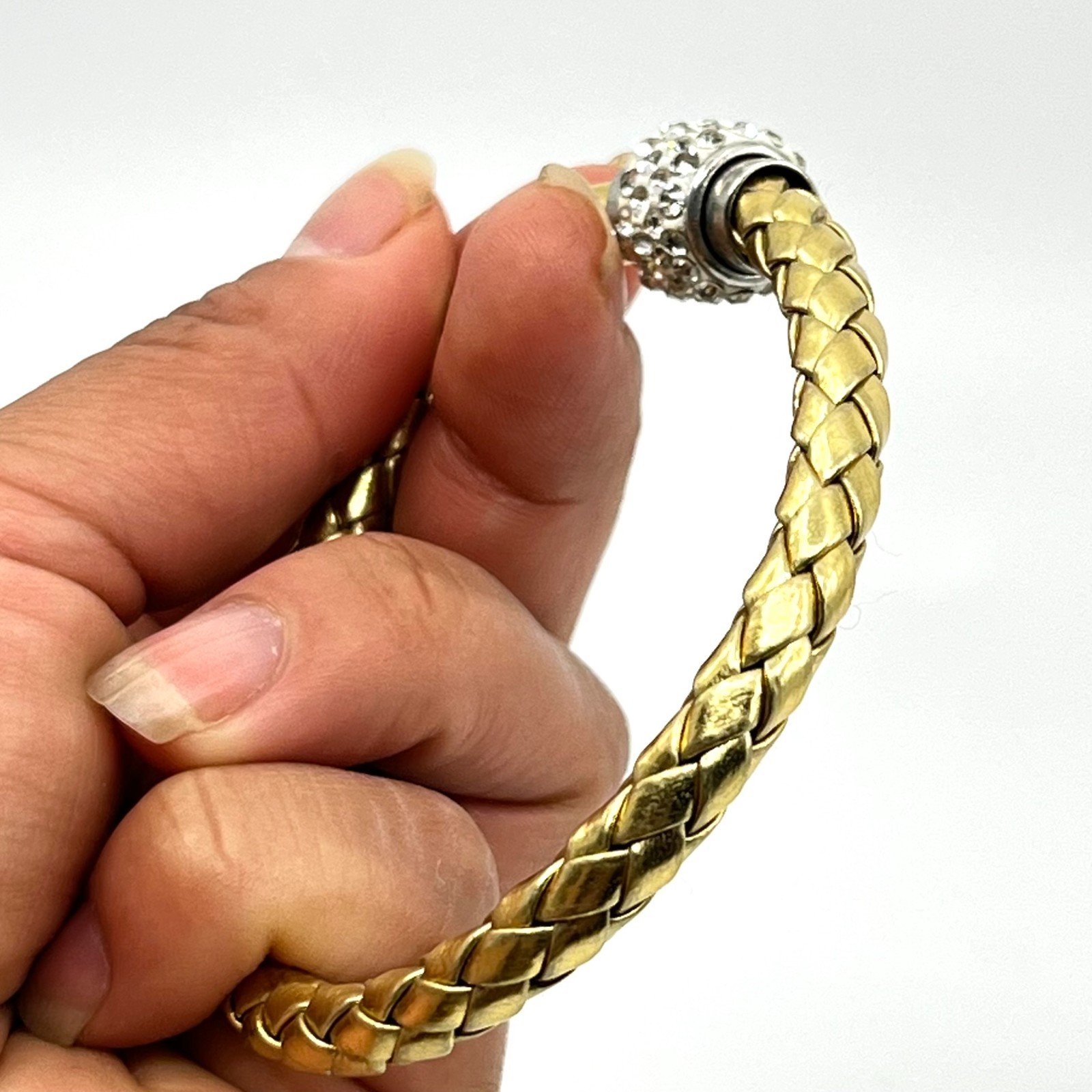 VTG Metallic Gold Tone Braided Faux Leather Bracelet Rhinestone Magnetic Clasp