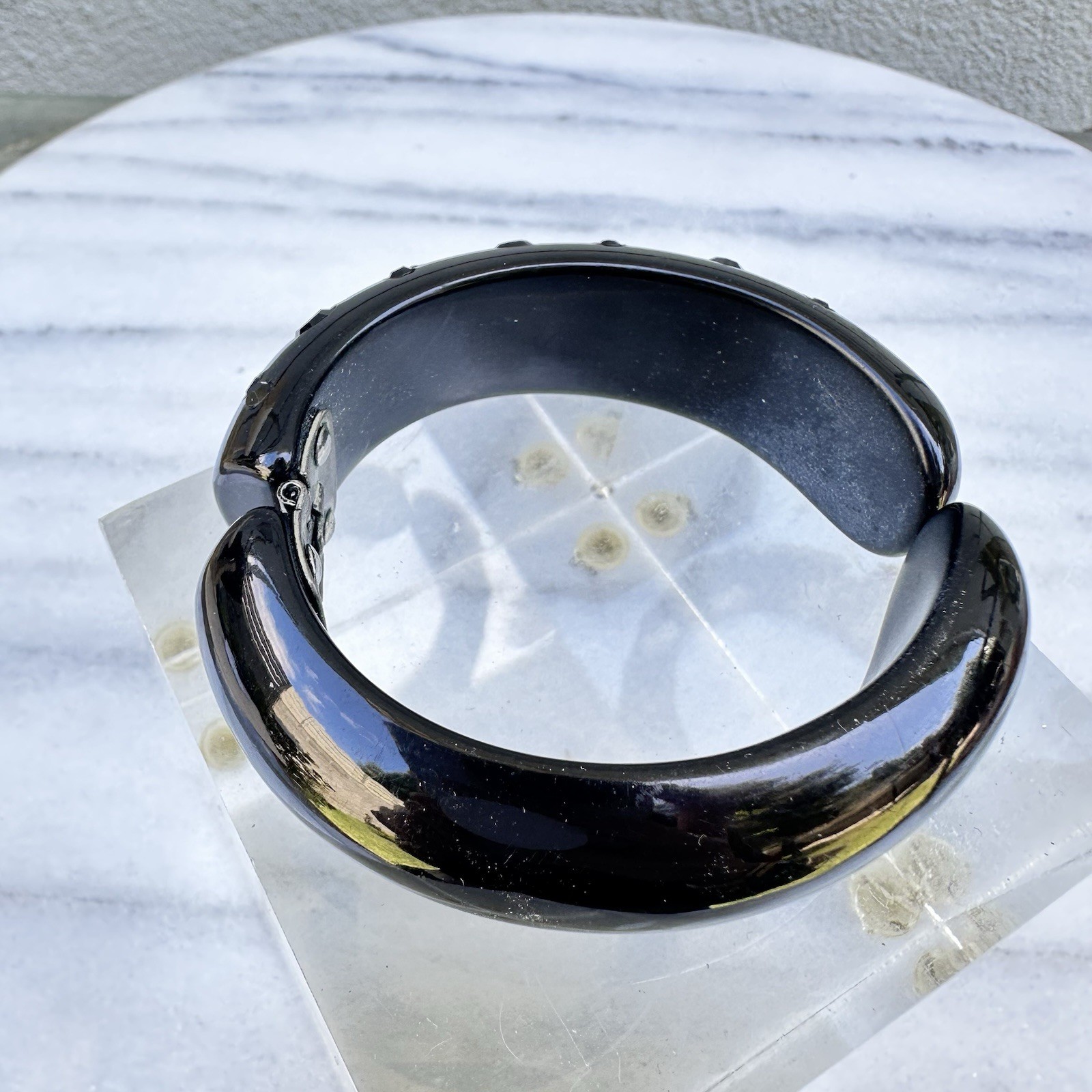 Vintage Black Lucite Bracelet Rhinestone Hinged Clamper Midcentury 1950s 60s