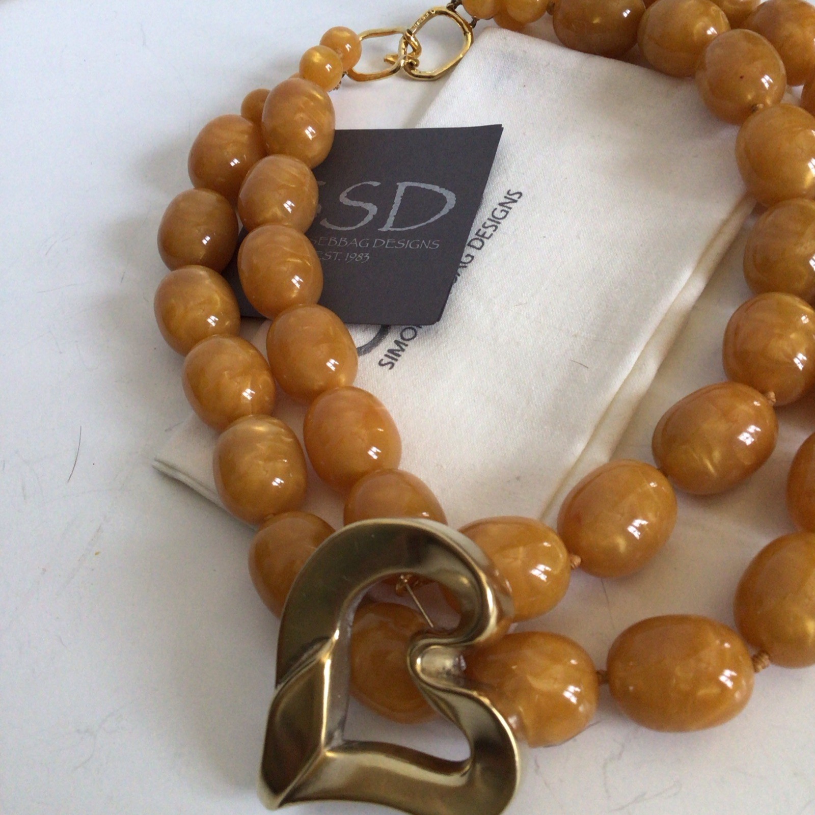SPECIAL SEBBAG VON MUSULIN NECKLACE STERLING/GOLD HEART HUGE AMBER COLOR BEADS