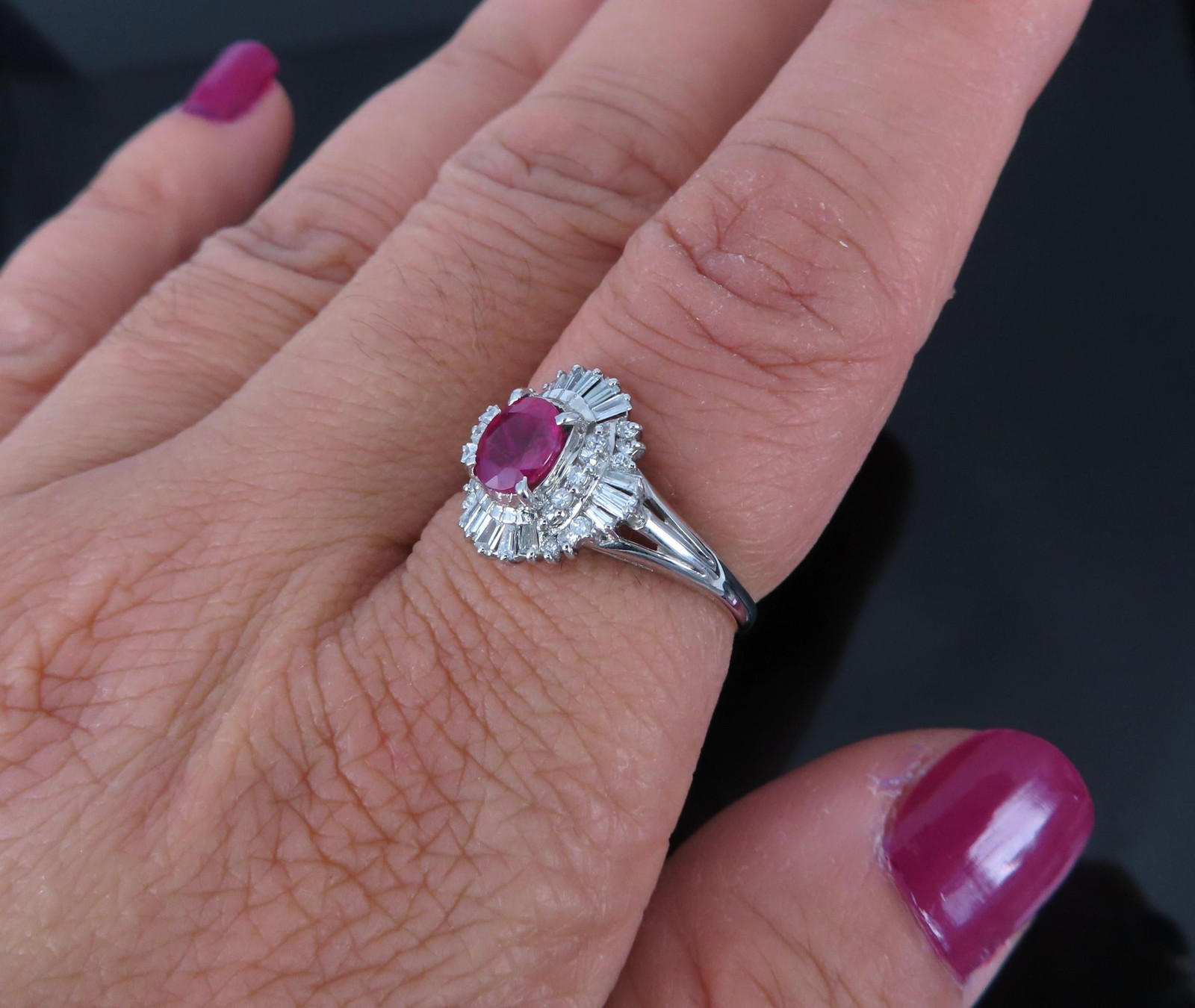 Fine 0.77ct Intense Red Ruby & 0.35ct Diamond Platinum Cocktail Ring Size 6.75