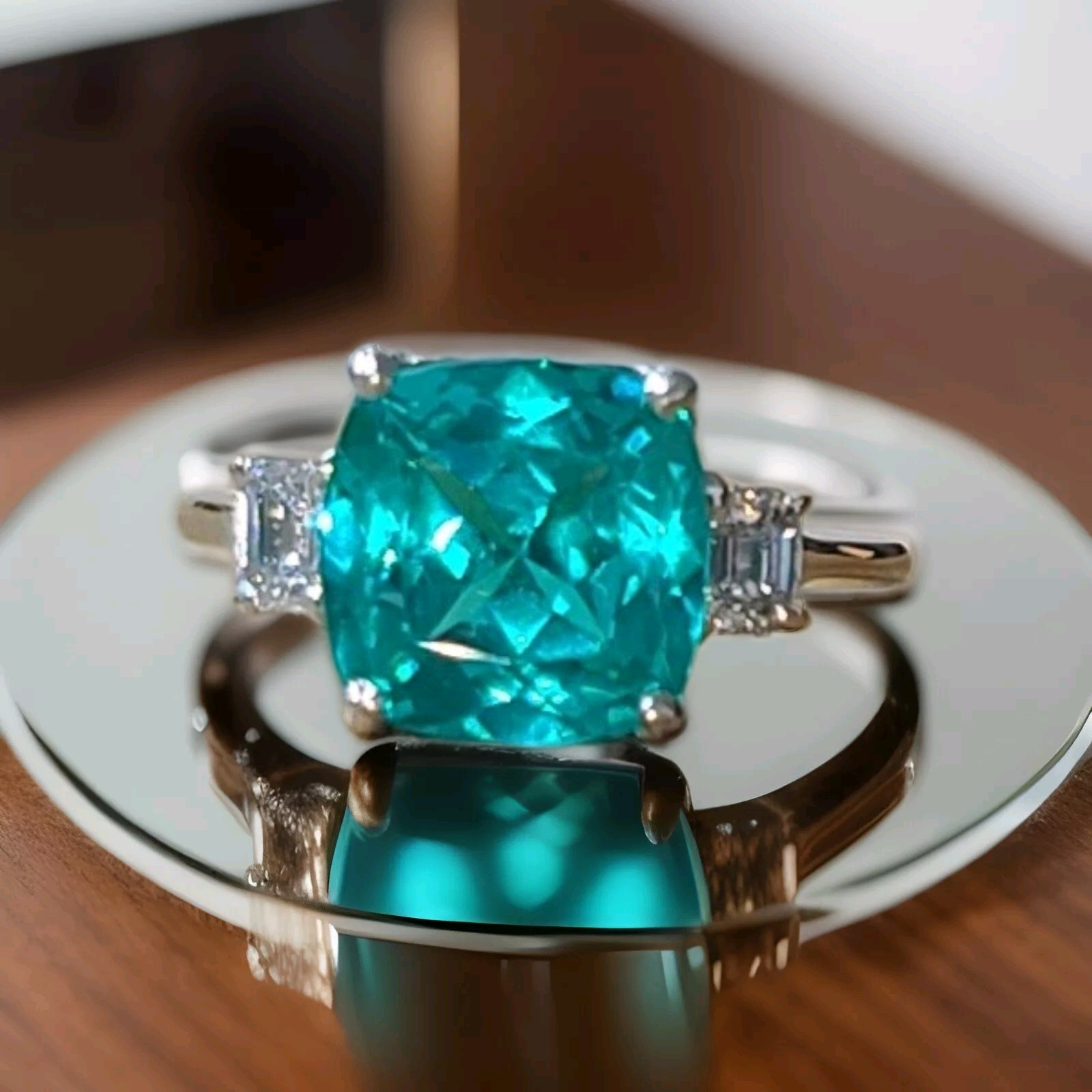14k White Gold Engagement Ring 4.75CT. Lab-grown Paraiba Tourmaline Cushion Cut