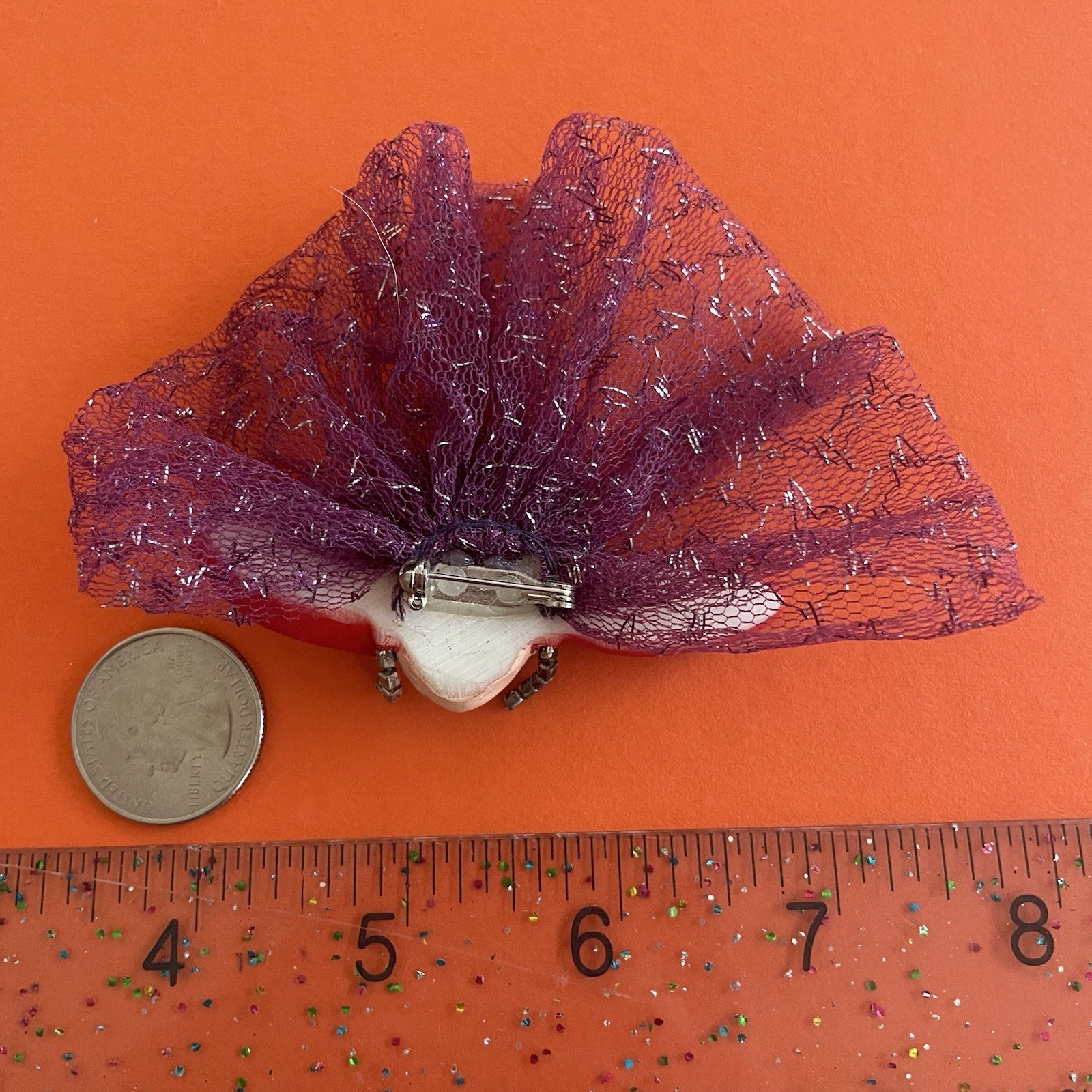 Vtg Brooch Pin Red Hat Society Rhinestone Lady 3D Fabric Lapel Pin