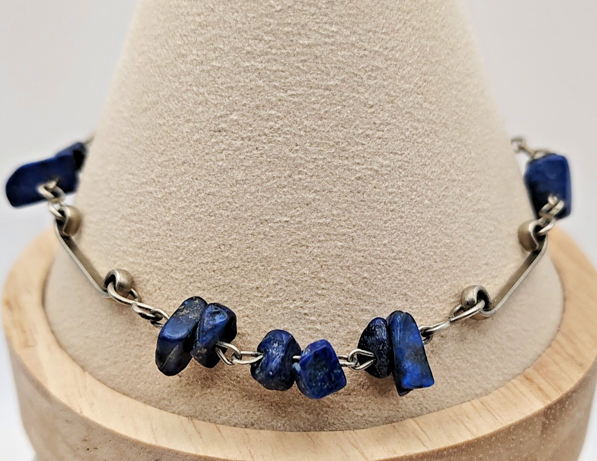 Vintage Iolite Lapis Lazuli Gemstone Beads Artisan Chain Bracelet Hook Clasp 8″