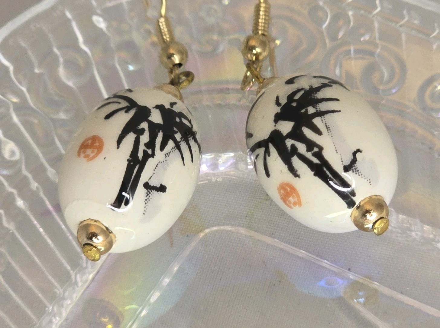 Earrings White Porcelain Bamboo Dangle Earrings Asian Inspired Gold Tone #1019