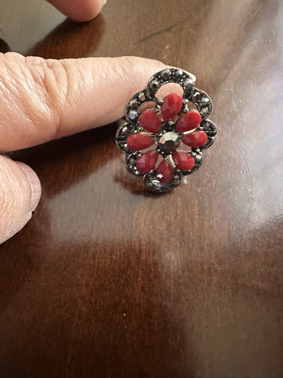 Designer Coral & Black Marcasite Adjustable Ring