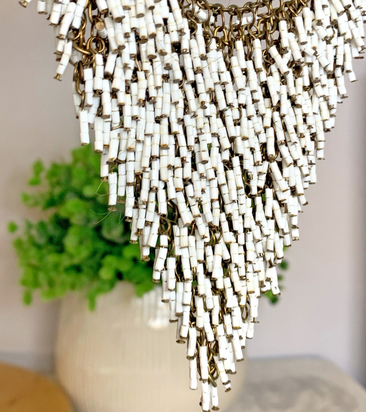Vintage Beaded Fringe Bib Necklace White Bugle Bead Cascade Statement