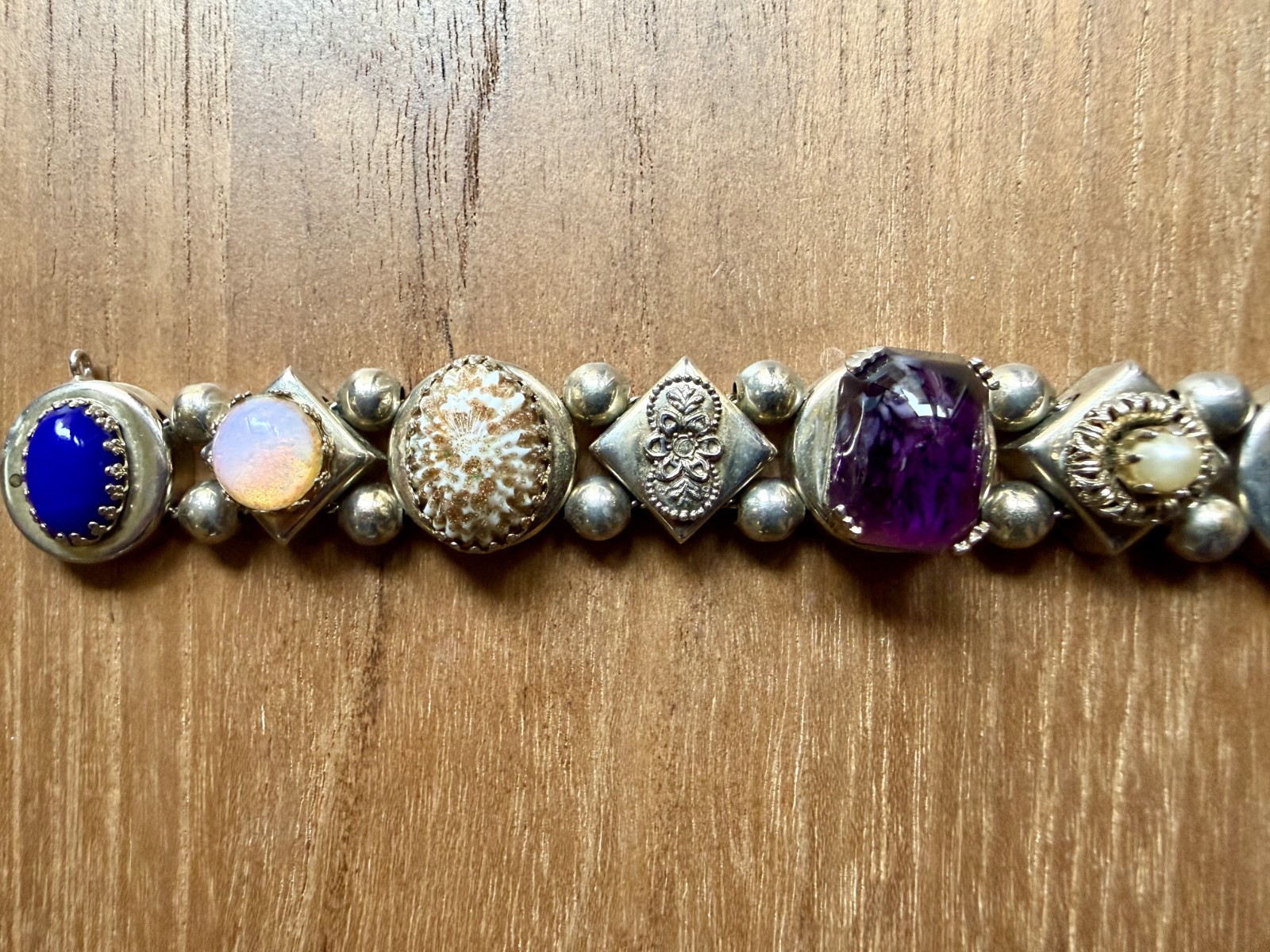 Victorian Revival Slide Bracelet with Gemstone and Shell Charms Vintage 7.5″