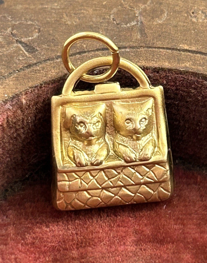 Vintage Charm Kitten Puppy In Purse Vintage Jewelry Raw Brass Stamping Pendant
