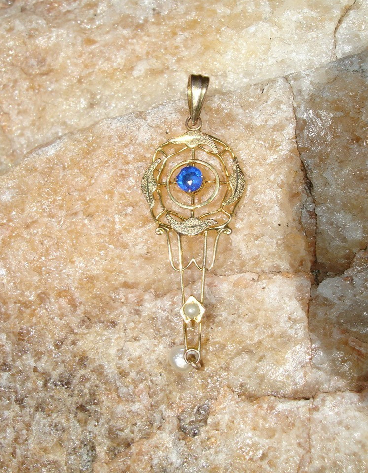 antique 10K gold blue birthstone Lavalier Pendant charm dangle drop wind pearl
