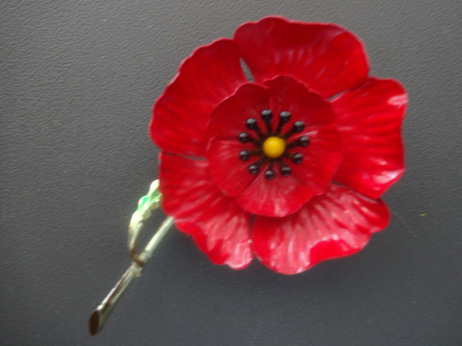 Vintage Enamel Red Poppy Flower Brooch Pin Large Red & Green Extremely Rare