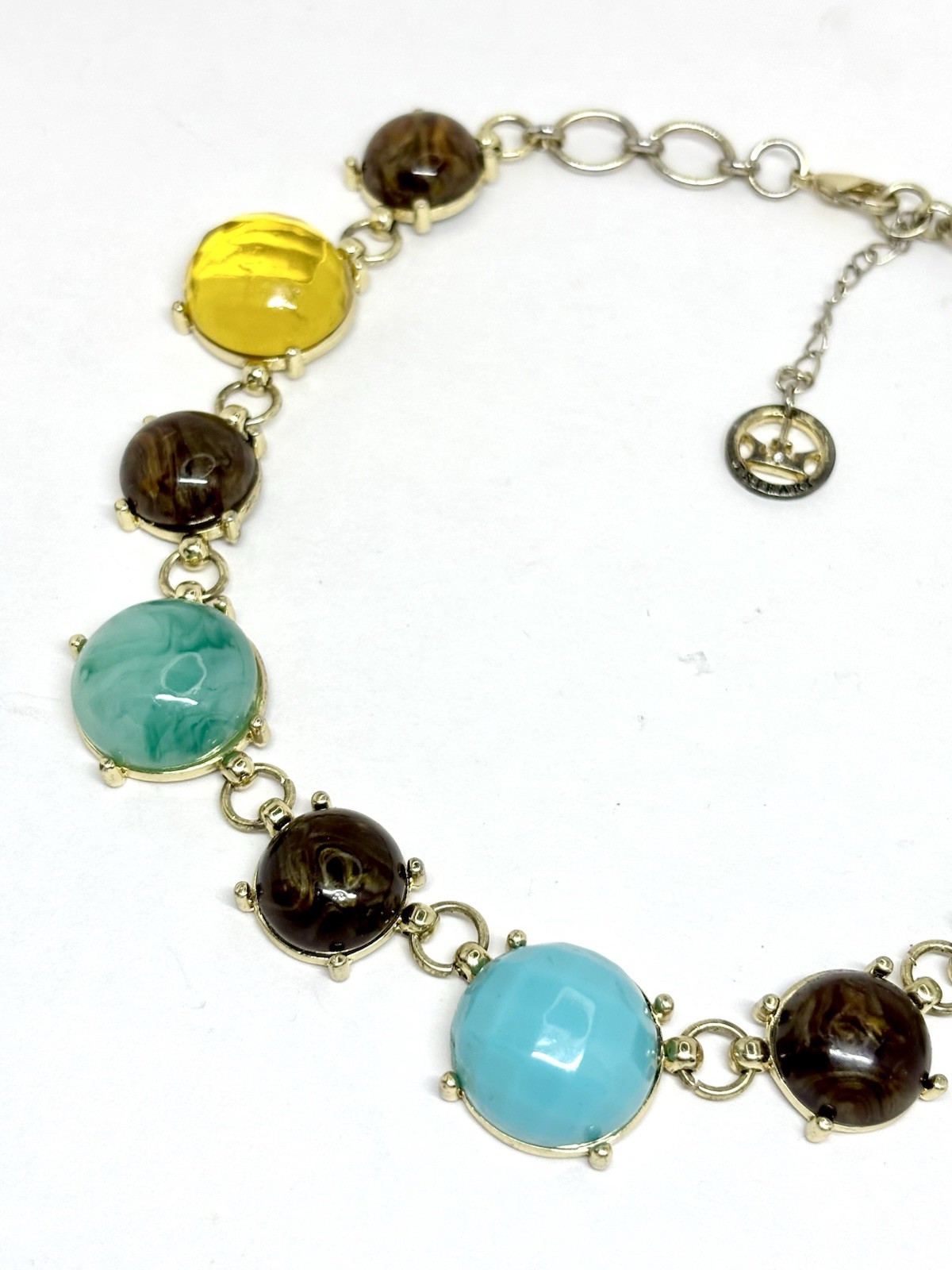 Crown Trifari Lucite Statement Necklace 15-17 In Gold Tone Colorful Signed Vinyl