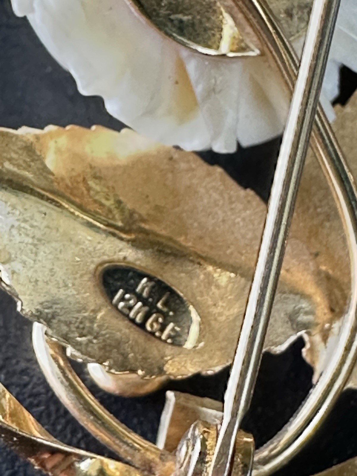 Vintage K.L. 12GF Brooch with White Carved Rose Brooch