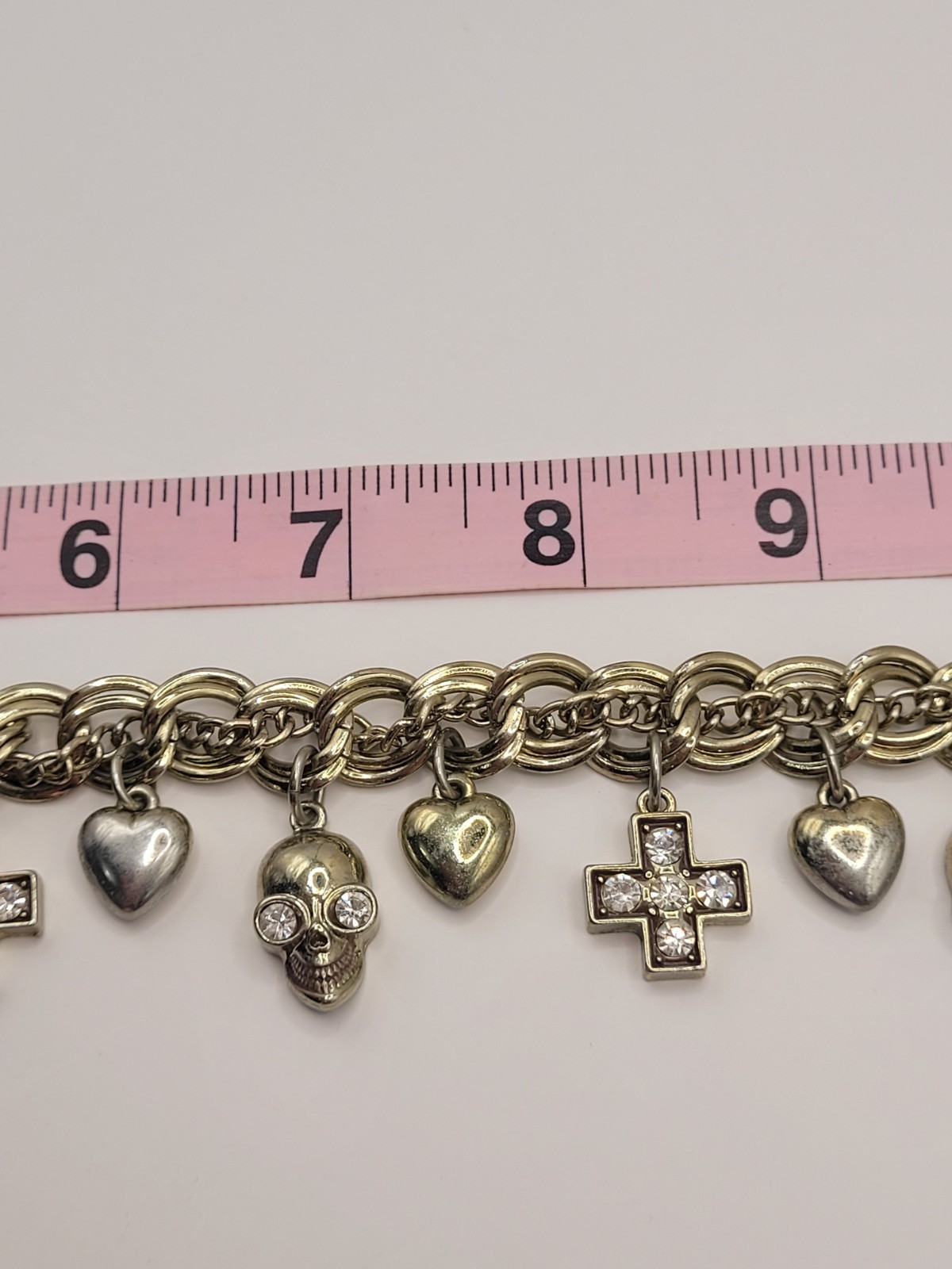 Punk Retro Gwen Skulls Hearts Crosses Charm Necklace Gold Tone Crystals 18″