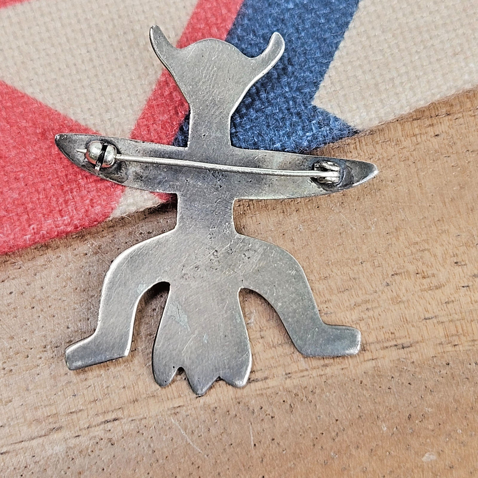 Old Pawn Navajo Cast Sterling Silver Horned Man Bird Figural Brooch Pin, c.1950s