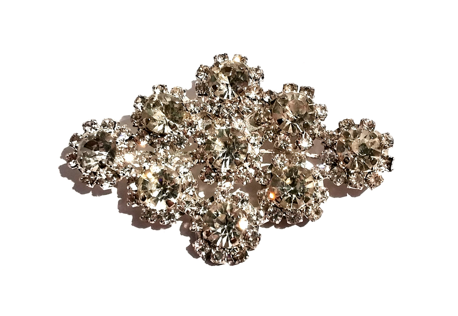 Vintage Czech Brooch Handmade Rhombus Shape Clear Colorless Rhinestones Glass