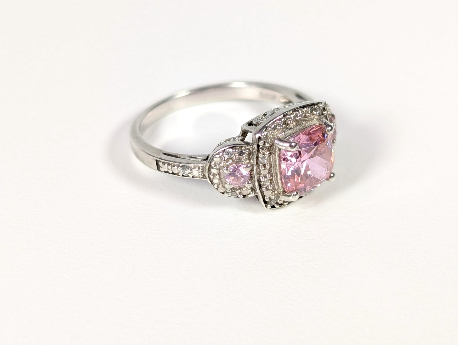 Vtg Sterling Silver 925 Pink CZ Cushion Cut Halo Ring w/ Side Stones H925 Size 7