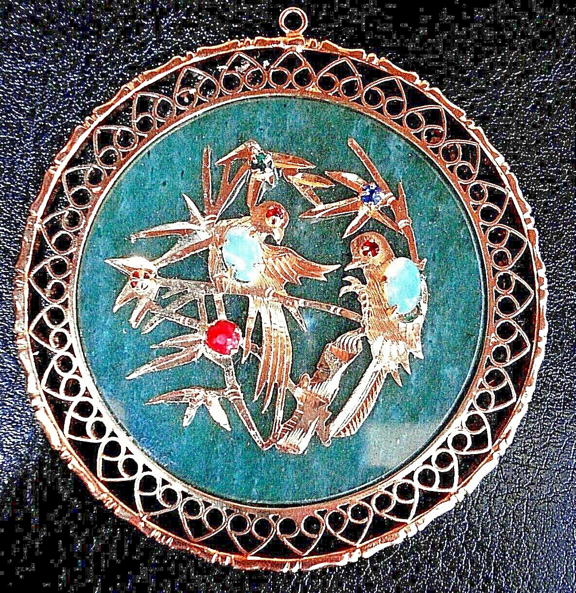 RARE Beautiful Vtg. Chinese Gold-Pl Jade & Gemstone Bird Pendant