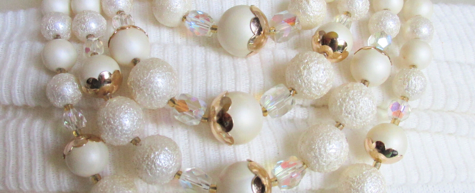 Cream AB Crystal Beads Bib Choker Necklace Textured Satin Vintage Retro JAPAN