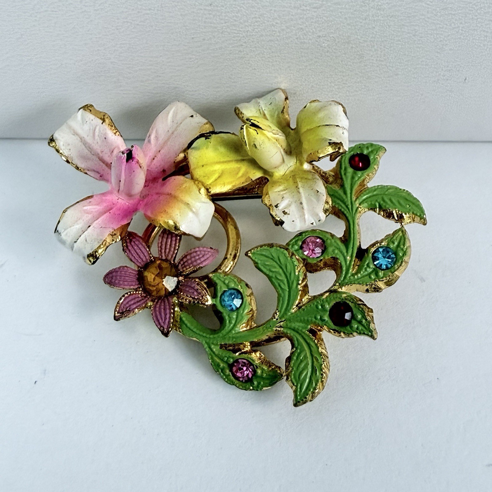Vintage Enameled Rhinestone Flower Brooch Made in Austria